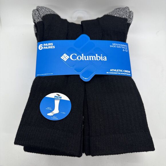Columbia Mens Socks Size 6-12 Black 6 Pairs Atlantic Crew Socks Hiking Walking - Picture 1 of 9